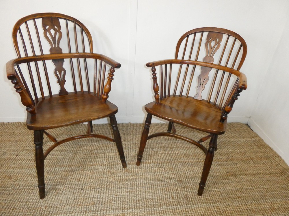 Pair Early 19th C Yew & Elm Windsor Chairs