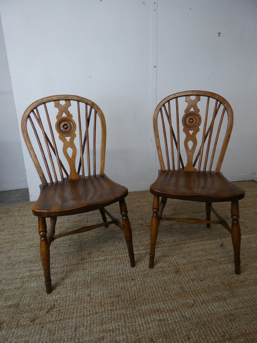 Pair 19thC Elm & Ash Windsor Kitchen Chairs 