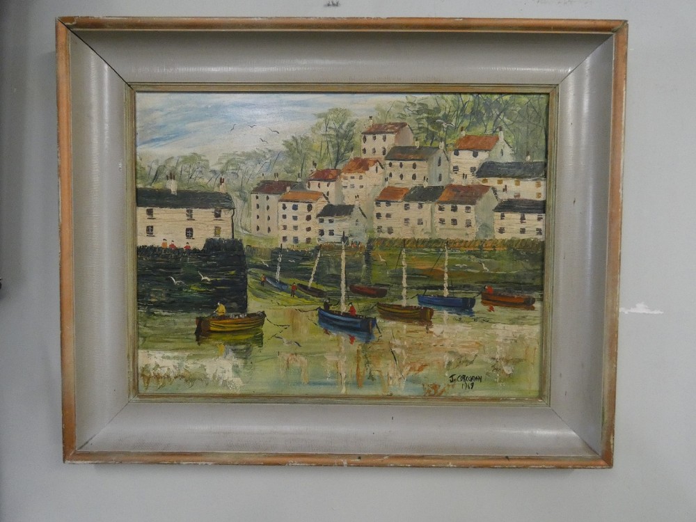 1960s Village Harbour Painting