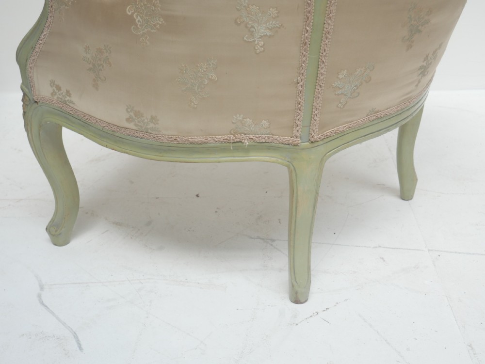 A pair of antique Scandinavian armchairs featuring pale green carved painted frames, cabriole legs, and cream floral pattern damask upholstery. View VIII