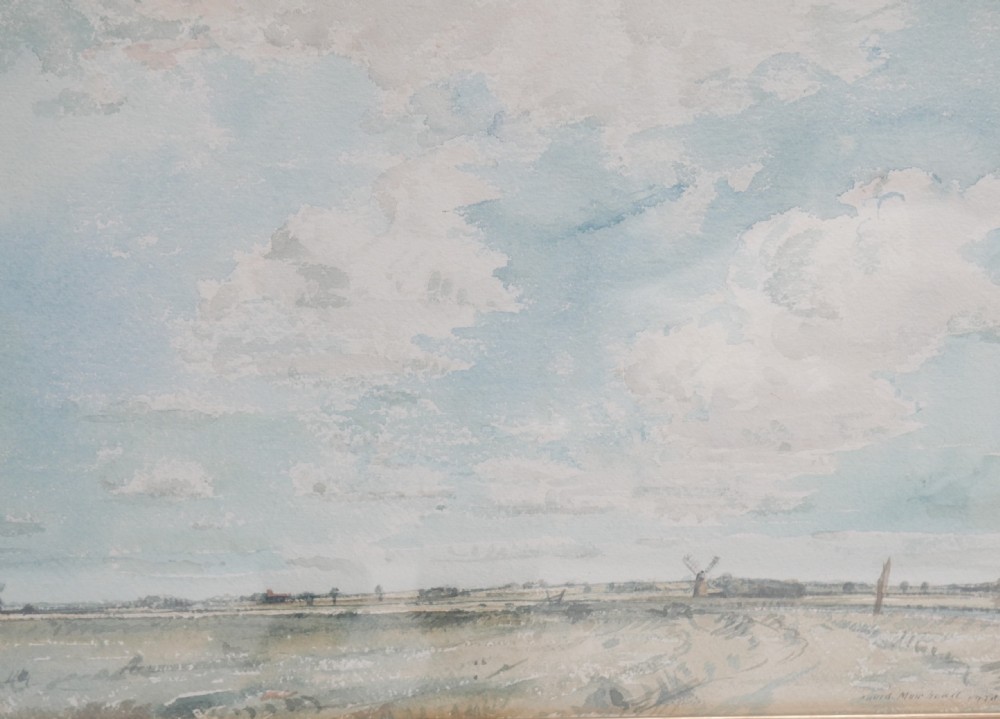 A framed watercolour painting by David Muirhead depicting an expansive sky above a low Cambridgeshire horizon within a slim gilt frame. View VII