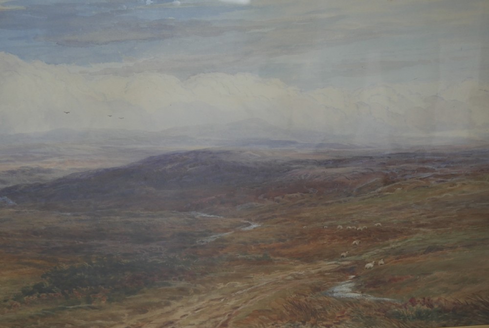 A framed Victorian watercolour landscape painting by Arthur H. Enock showing the Isle of Man moorland under a cloudy sky. View III