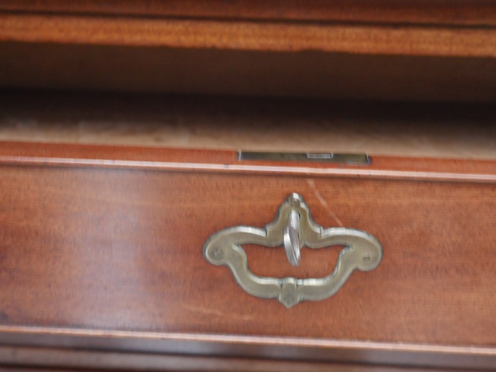 A tall, narrow mahogany chest of drawers featuring seven graduated drawers with brass drop handles and decorative shaped bracket feet. View V