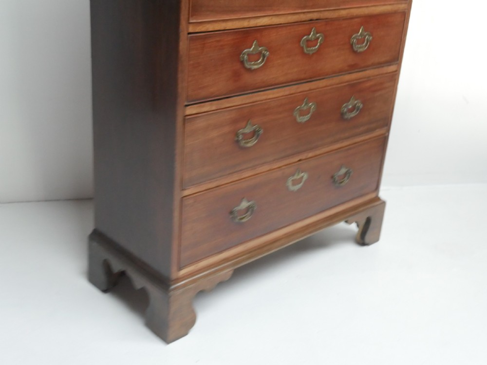 A tall, narrow mahogany chest of drawers featuring seven graduated drawers with brass drop handles and decorative shaped bracket feet. View VI