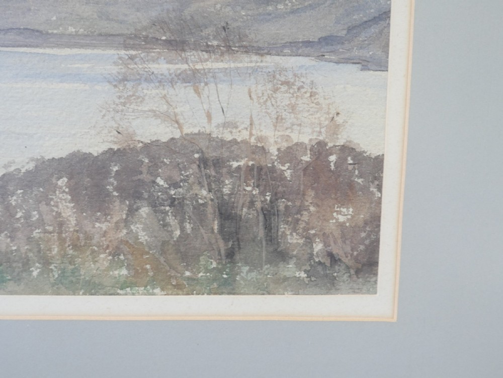 Framed watercolour painting depicting a Scottish Highland landscape with distant blue mountains, a loch, and foreground moorland. View III