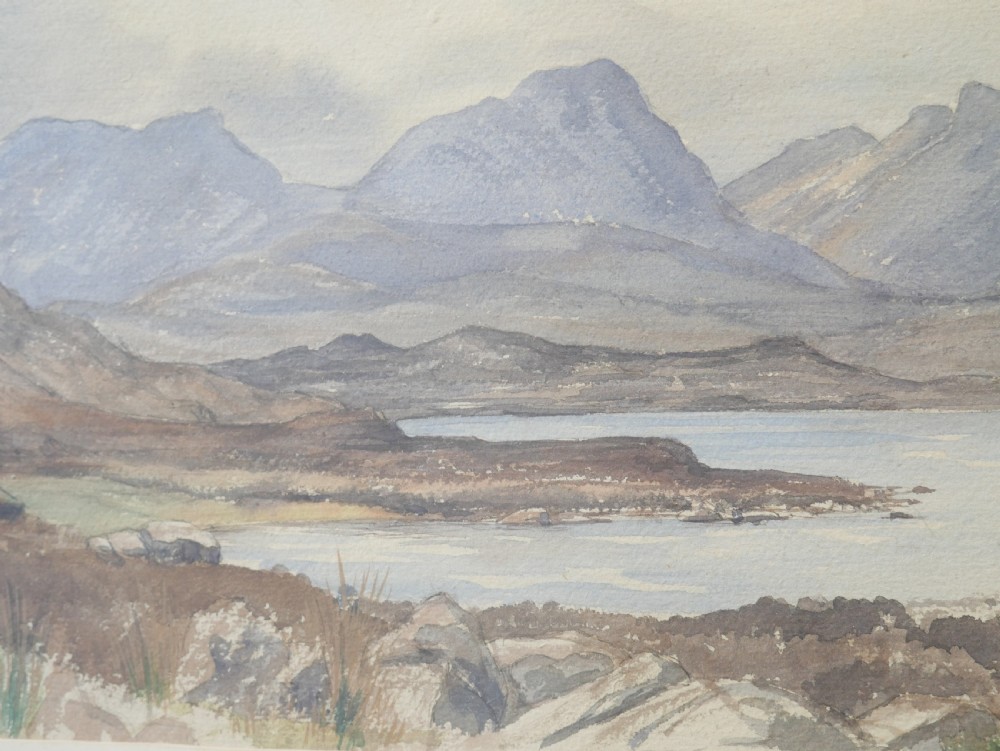 Framed watercolour painting depicting a Scottish Highland landscape with distant blue mountains, a loch, and foreground moorland. View IV