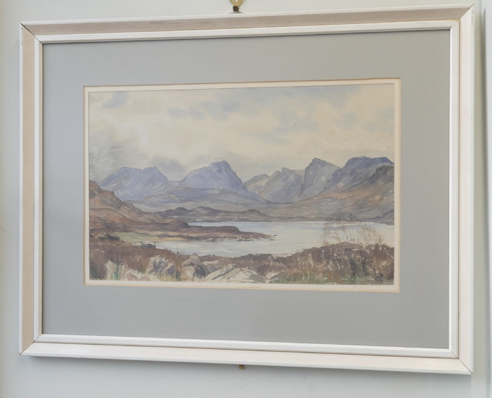 Framed watercolour painting depicting a Scottish Highland landscape with distant blue mountains, a loch, and foreground moorland. View VIII