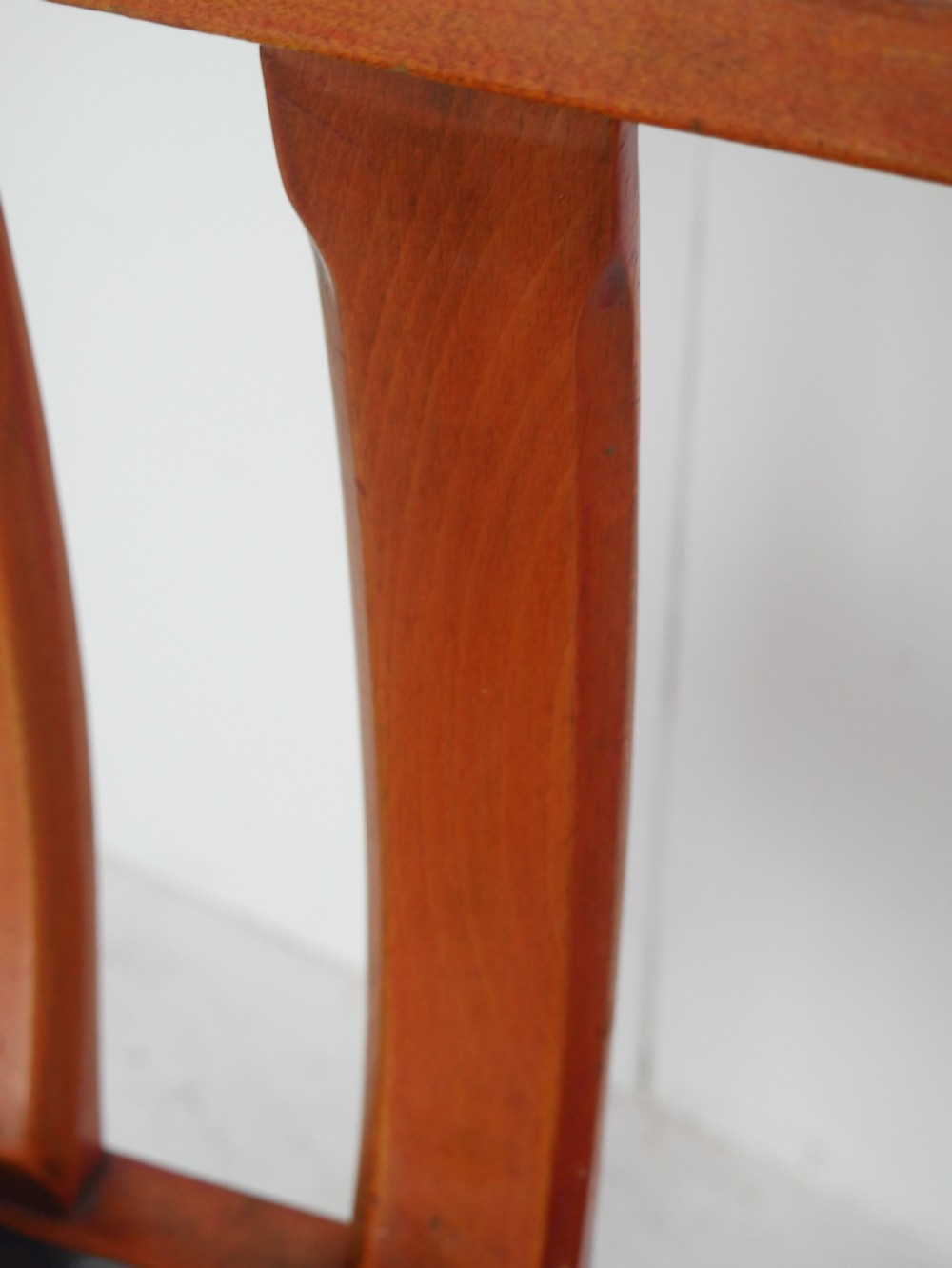 A pair of warm wood Arts and Crafts tub chairs with curved slat backs and blue upholstered seats. View VII