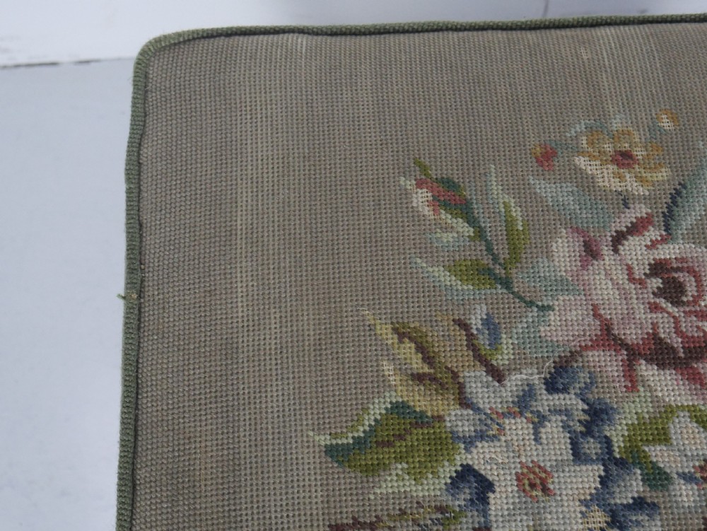 A Regency period rosewood X-frame stool with a turned stretcher bar and a square upholstered top featuring floral needlework set within a green border. View III