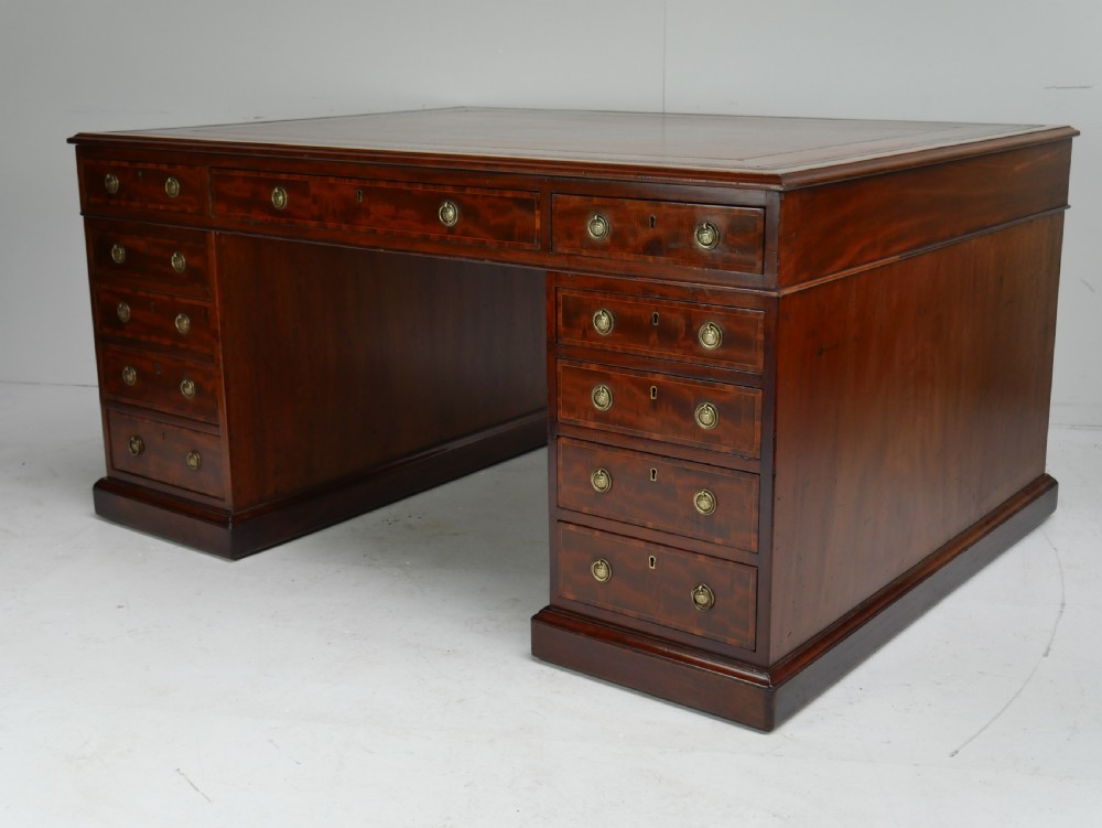 A 19th-century mahogany kneehole partners desk featuring twin pedestals, multiple drawers with brass drop handles, and a flat rectangular writing top.