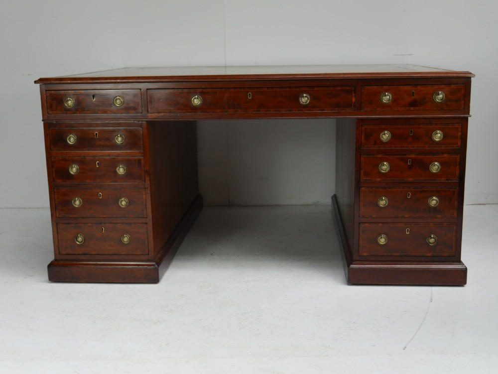 A 19th-century mahogany kneehole partners desk featuring twin pedestals, multiple drawers with brass drop handles, and a flat rectangular writing top. View II