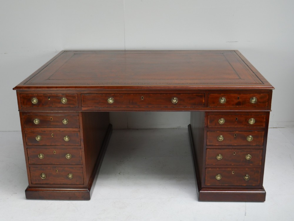 A 19th-century mahogany kneehole partners desk featuring twin pedestals, multiple drawers with brass drop handles, and a flat rectangular writing top. View III