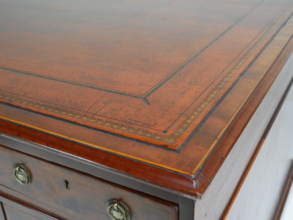 A 19th-century mahogany kneehole partners desk featuring twin pedestals, multiple drawers with brass drop handles, and a flat rectangular writing top. View V