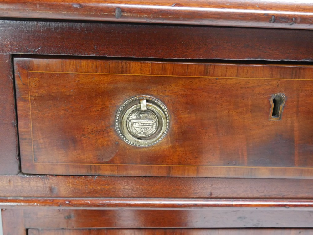 A 19th-century mahogany kneehole partners desk featuring twin pedestals, multiple drawers with brass drop handles, and a flat rectangular writing top. View VI