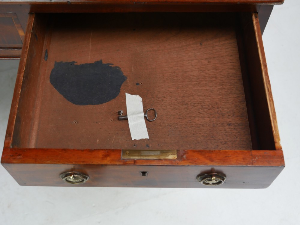 A 19th-century mahogany kneehole partners desk featuring twin pedestals, multiple drawers with brass drop handles, and a flat rectangular writing top. View VII