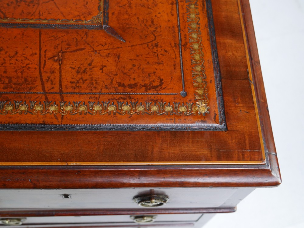 A 19th-century mahogany kneehole partners desk featuring twin pedestals, multiple drawers with brass drop handles, and a flat rectangular writing top. View VIII