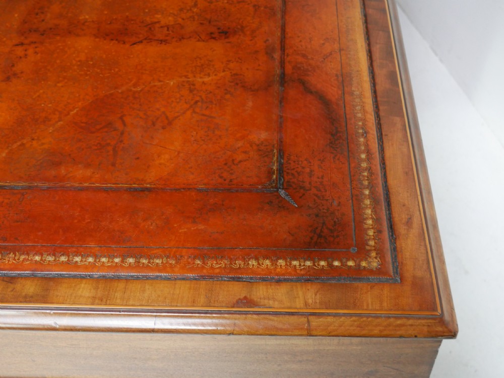 A 19th-century mahogany kneehole partners desk featuring twin pedestals, multiple drawers with brass drop handles, and a flat rectangular writing top. View XIV