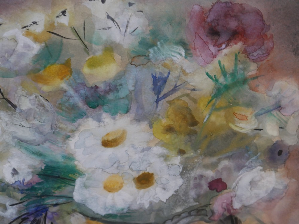 A framed watercolour painting depicting white and yellow flowers in a decorative cream jug, signed Margaret Laing and dated 1954. View III