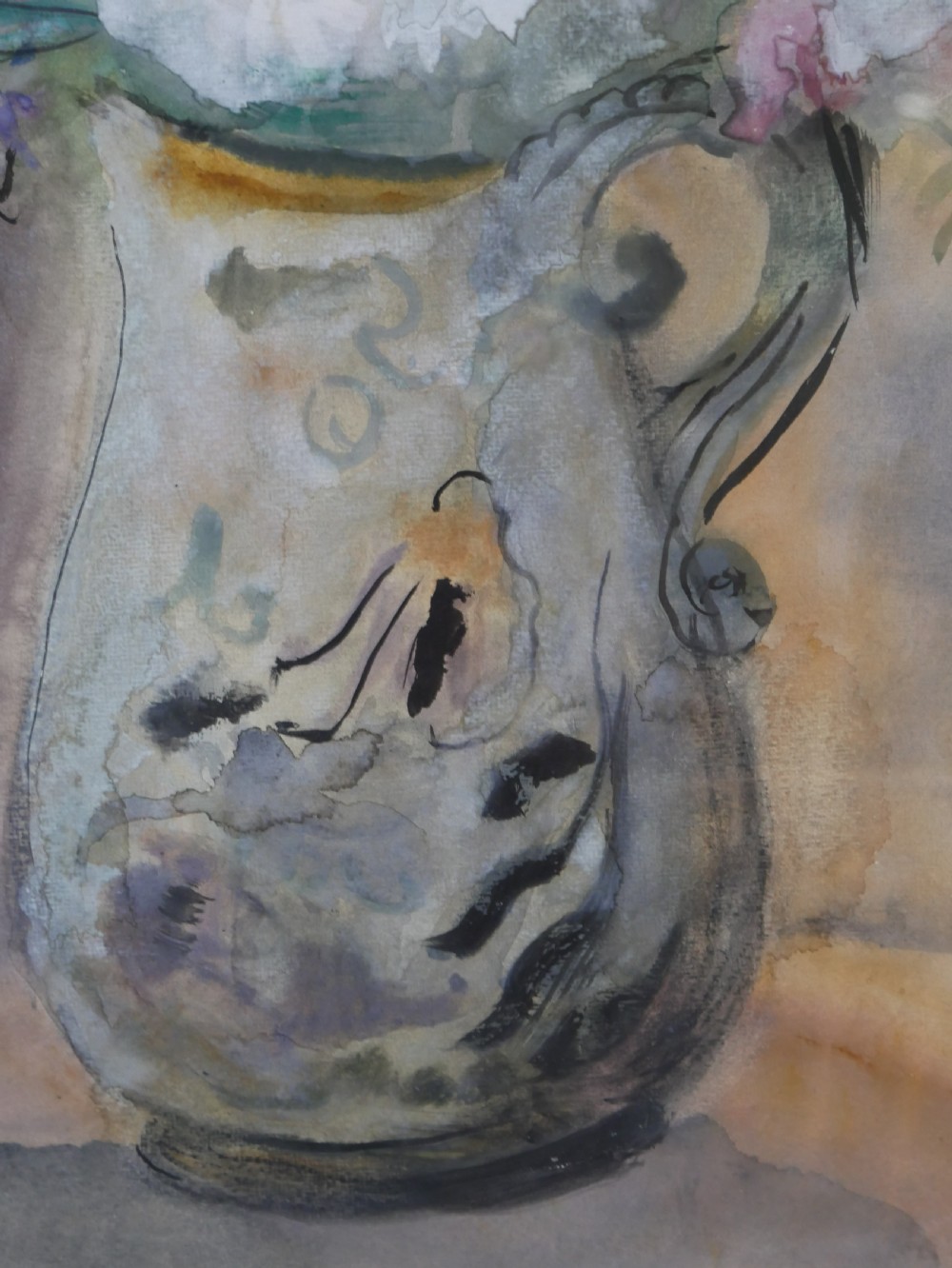 A framed watercolour painting depicting white and yellow flowers in a decorative cream jug, signed Margaret Laing and dated 1954. View IV