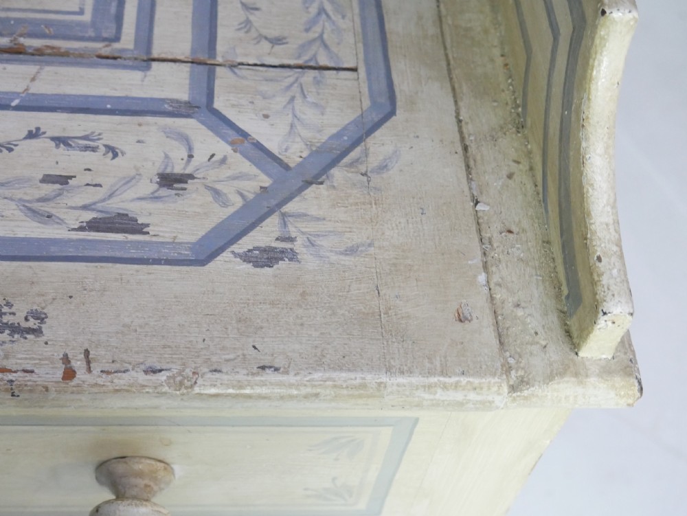 A 19th-century cream-painted wooden writing desk featuring five drawers, turned legs with stretchers, and a low gallery back decorated with light blue geometric painted borders. View V