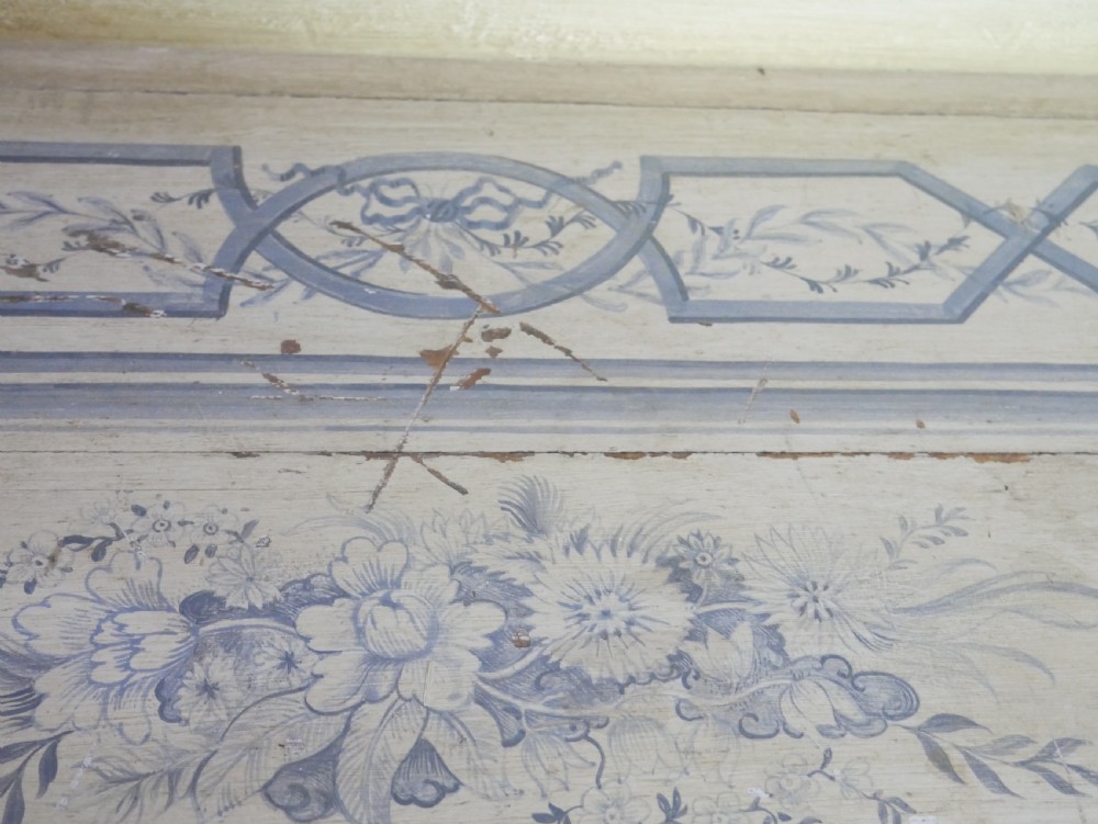 A 19th-century cream-painted wooden writing desk featuring five drawers, turned legs with stretchers, and a low gallery back decorated with light blue geometric painted borders. View VI