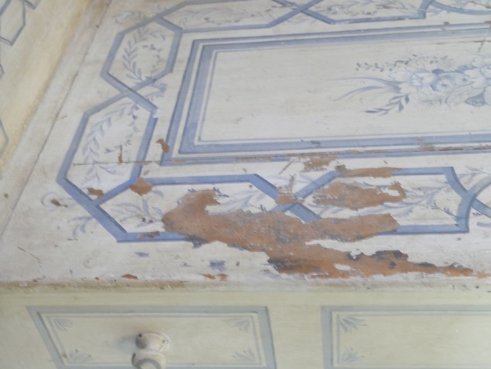 A 19th-century cream-painted wooden writing desk featuring five drawers, turned legs with stretchers, and a low gallery back decorated with light blue geometric painted borders. View VII