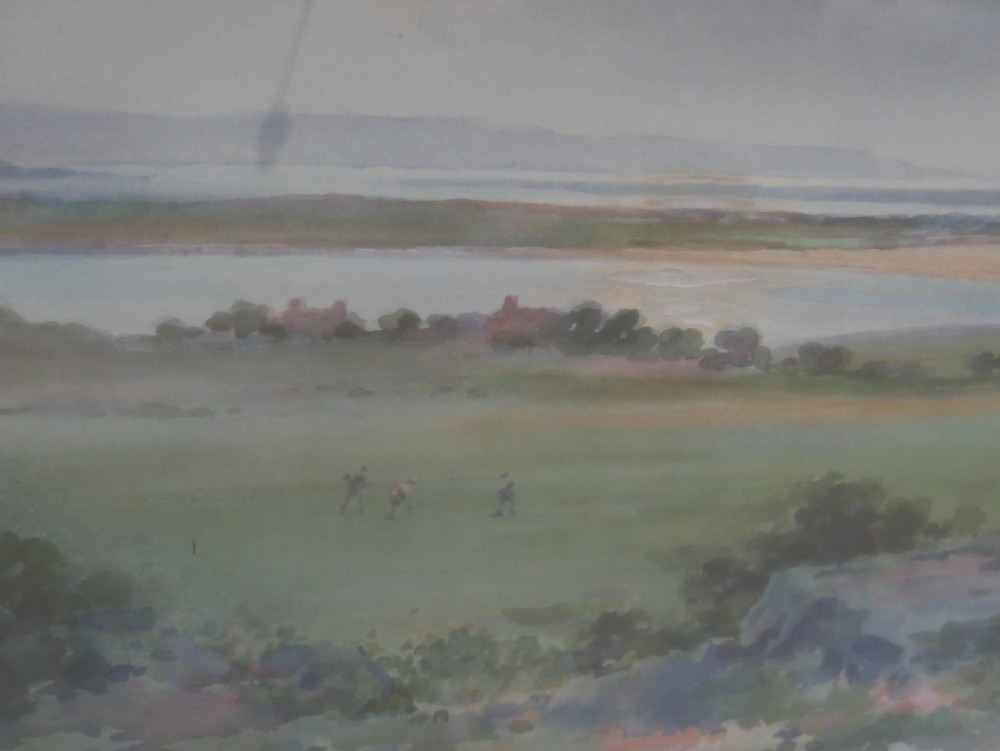 A framed mid-20th-century watercolour painting depicting an expansive coastal landscape under a soft sky, contained within a gilt wooden frame. View III