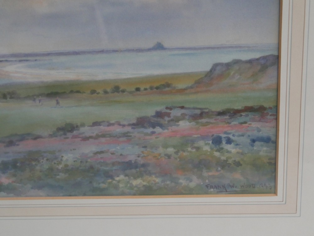 A framed mid-20th-century watercolour painting depicting an expansive coastal landscape under a soft sky, contained within a gilt wooden frame. View V