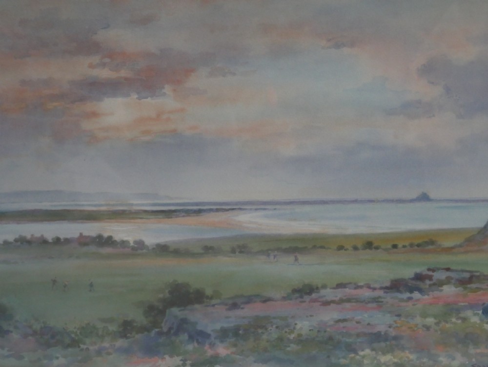 A framed mid-20th-century watercolour painting depicting an expansive coastal landscape under a soft sky, contained within a gilt wooden frame. View VI