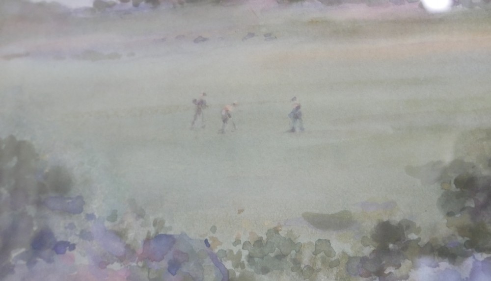 A framed mid-20th-century watercolour painting depicting an expansive coastal landscape under a soft sky, contained within a gilt wooden frame. View VII
