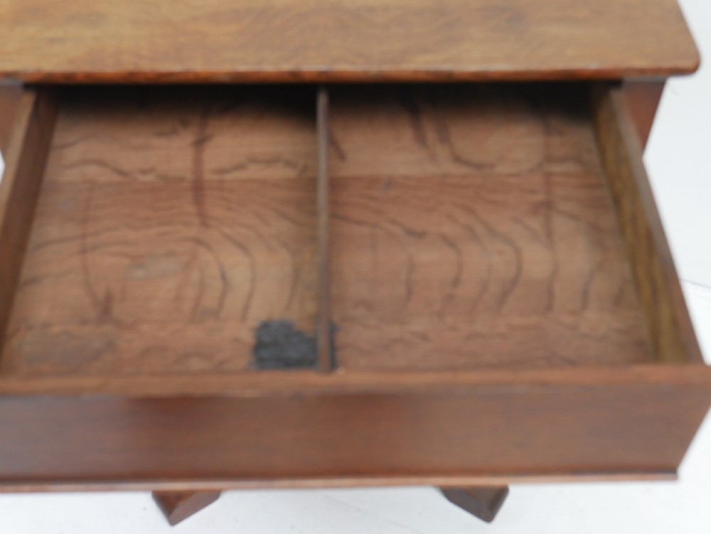 A square-topped antique oak side table featuring a central column support resting on a curved four-legged pedestal base. View VI