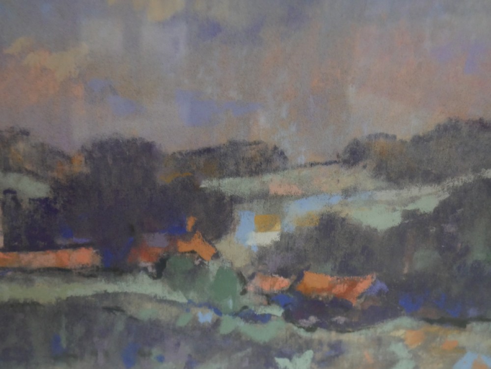 A framed landscape painting depicting rolling Norfolk fields under a muted purple sky, presented in a grey double mount and silver-toned frame. View III