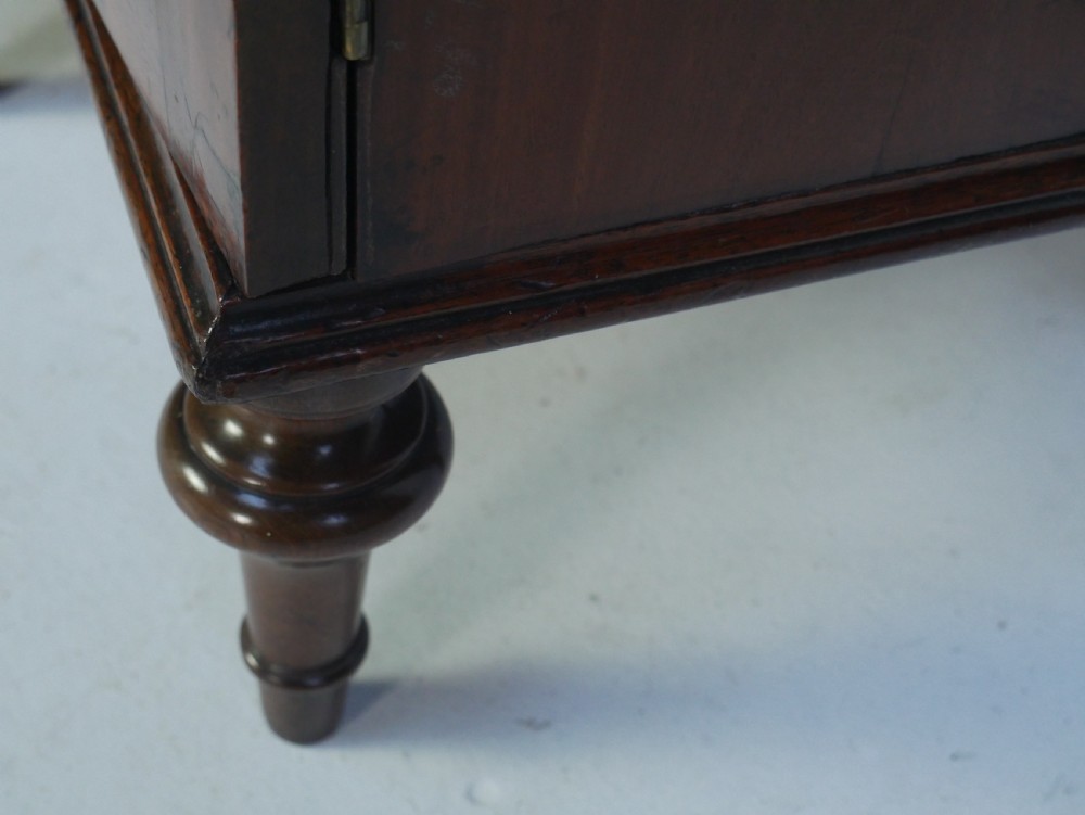 A Georgian mahogany chiffonier featuring an upper display shelf supported by brass columns above panelled cupboard doors and turned legs. View VII
