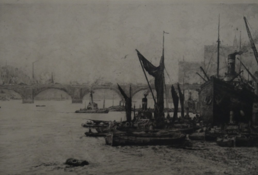A framed monochrome etching depicting ships and barges on the River Thames with London Bridge in the background. View V