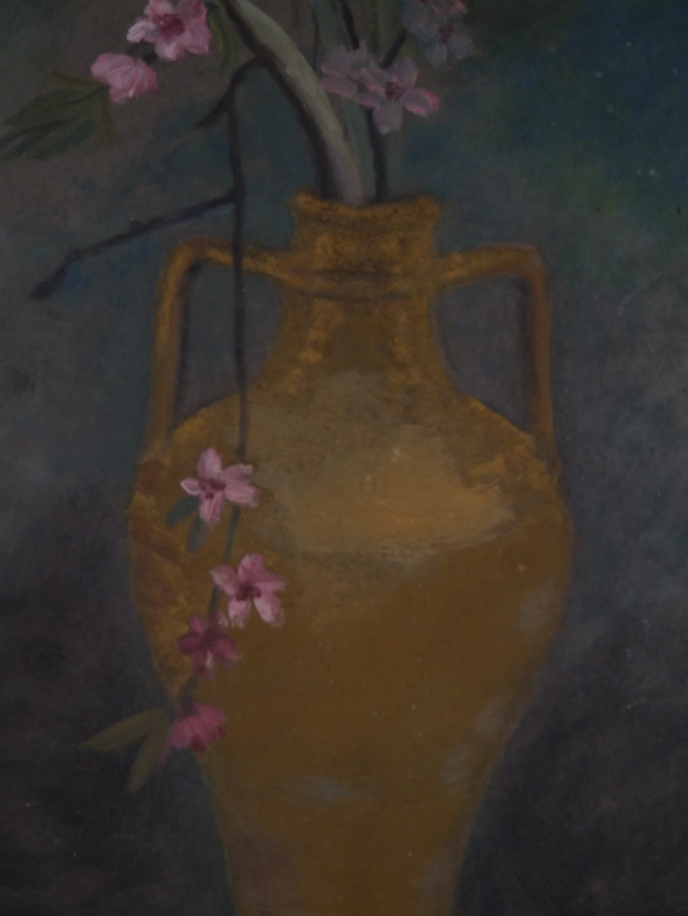 A 1960s framed floral still life painting depicting green orchids and pink blossoms in a yellow two-handled vase against a dark blue background. View III
