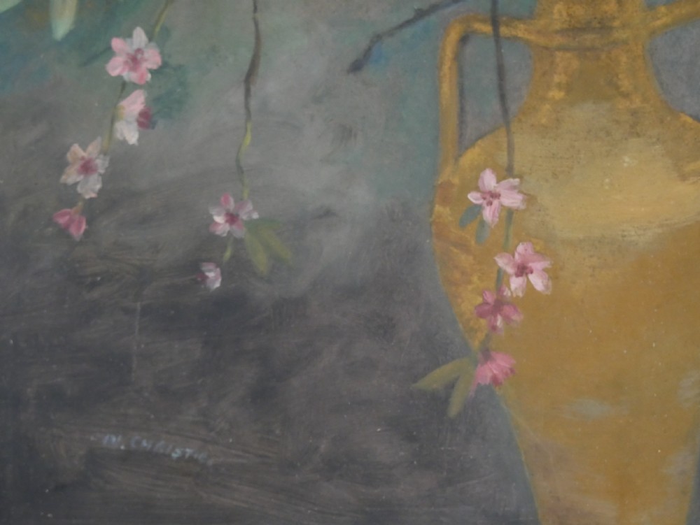 A 1960s framed floral still life painting depicting green orchids and pink blossoms in a yellow two-handled vase against a dark blue background. View IV