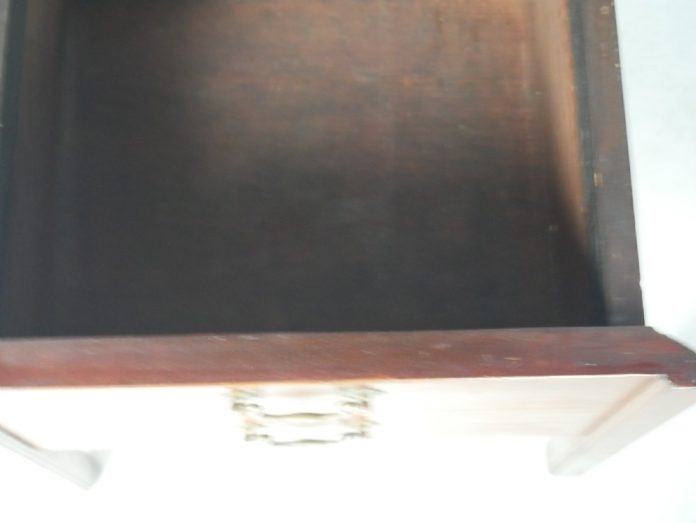 A Georgian mahogany bedside cabinet featuring a tray top gallery, two cupboard doors with string inlay, and two drawers with brass swan-neck handles. View IX
