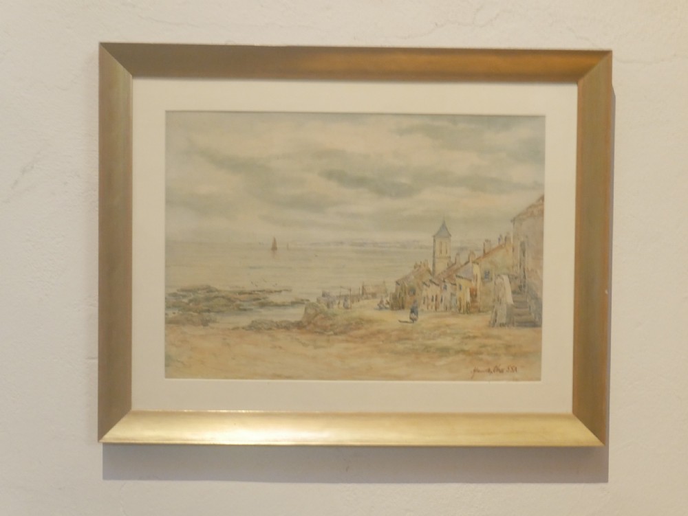 A framed watercolour painting depicting a Scottish coastal harbour scene at Dysart with stone buildings and boats on the Firth of Forth.