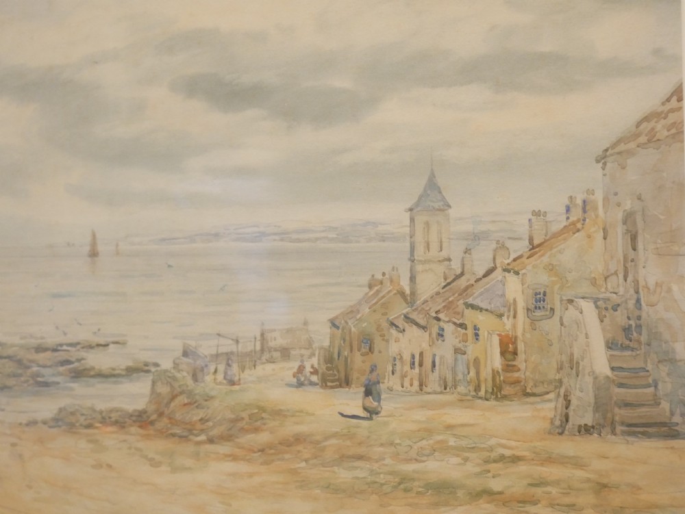 A framed watercolour painting depicting a Scottish coastal harbour scene at Dysart with stone buildings and boats on the Firth of Forth. View II