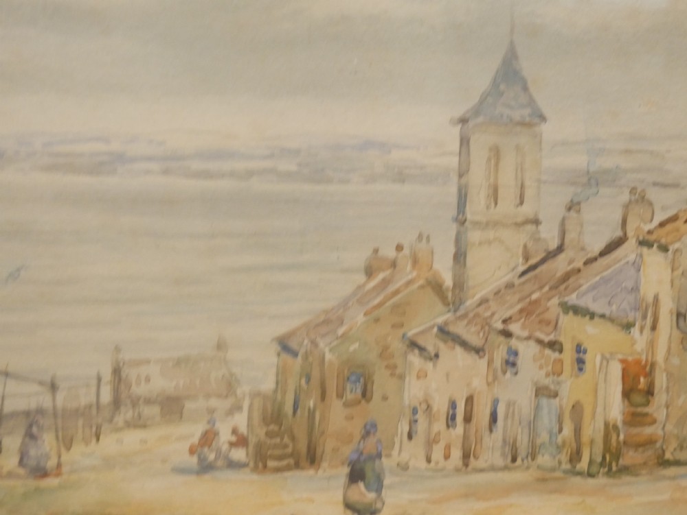 A framed watercolour painting depicting a Scottish coastal harbour scene at Dysart with stone buildings and boats on the Firth of Forth. View VI