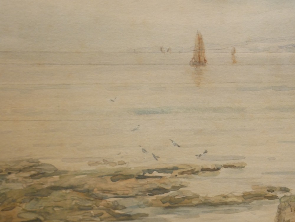 A framed watercolour painting depicting a Scottish coastal harbour scene at Dysart with stone buildings and boats on the Firth of Forth. View VII