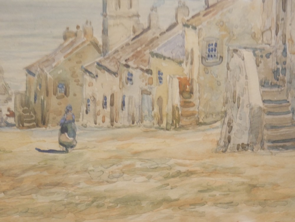 A framed watercolour painting depicting a Scottish coastal harbour scene at Dysart with stone buildings and boats on the Firth of Forth. View IX