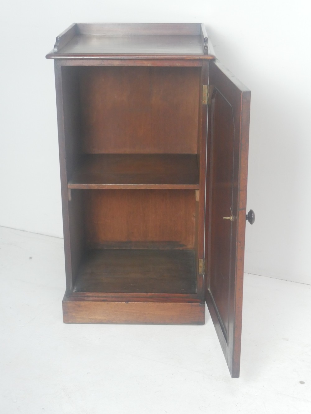 A 19th-century mahogany bedside cupboard featuring a single arched panel door, turned wooden knob, top galley edge, and a solid plinth base. View III