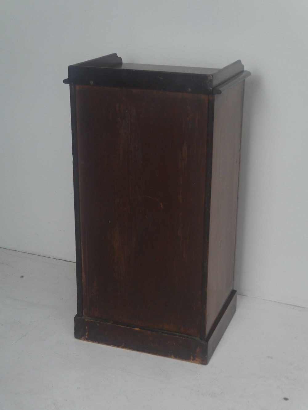 A 19th-century mahogany bedside cupboard featuring a single arched panel door, turned wooden knob, top galley edge, and a solid plinth base. View V