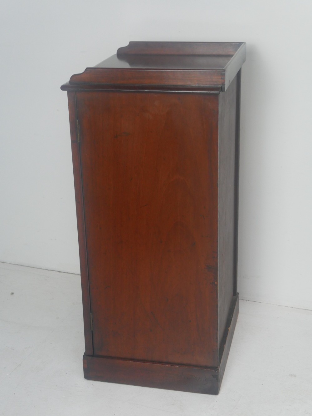 A 19th-century mahogany bedside cupboard featuring a single arched panel door, turned wooden knob, top galley edge, and a solid plinth base. View VI