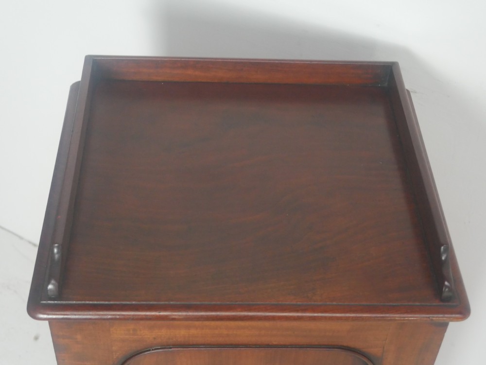A 19th-century mahogany bedside cupboard featuring a single arched panel door, turned wooden knob, top galley edge, and a solid plinth base. View II