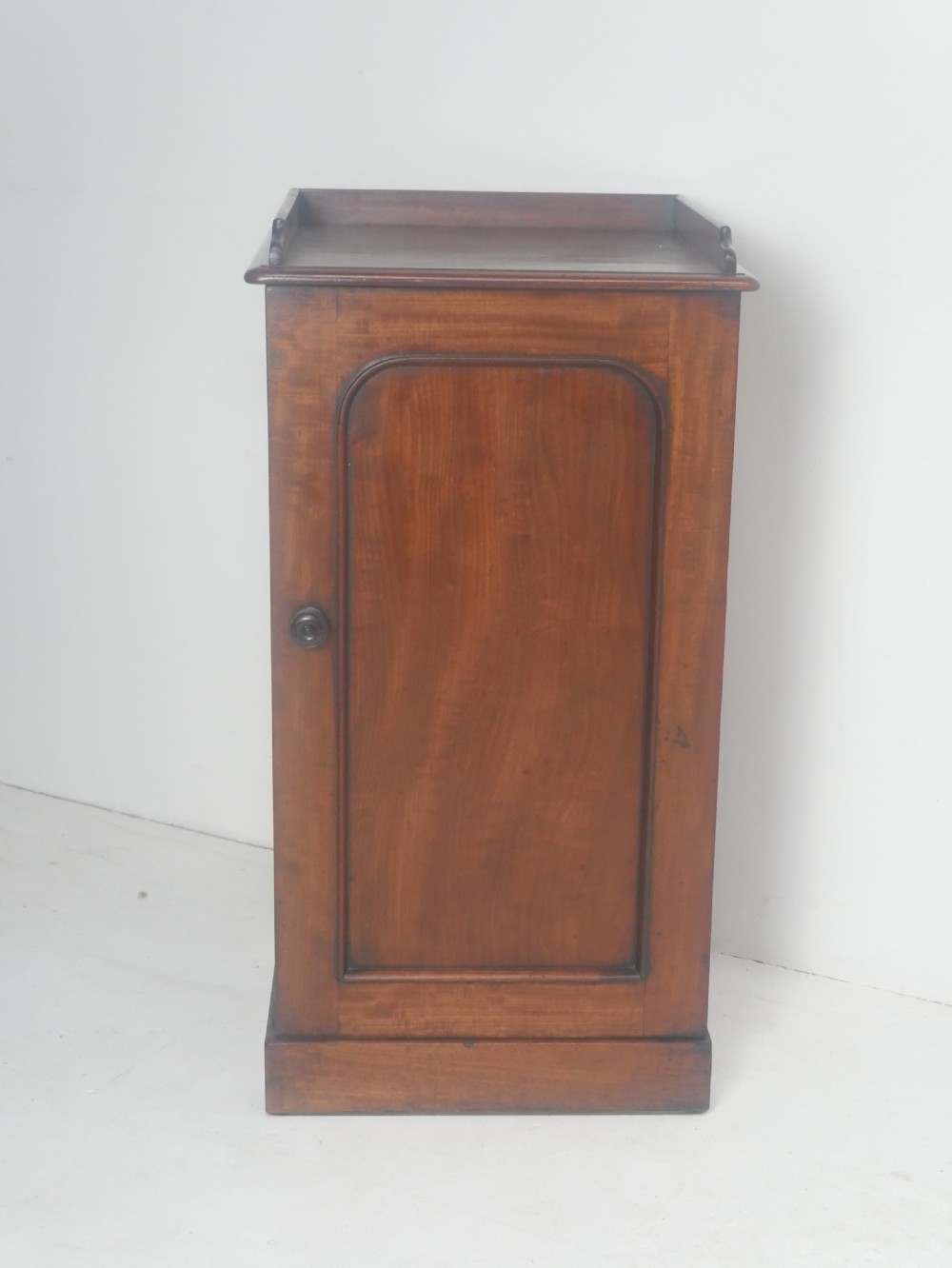 A 19th-century mahogany bedside cupboard featuring a single arched panel door, turned wooden knob, top galley edge, and a solid plinth base. View X