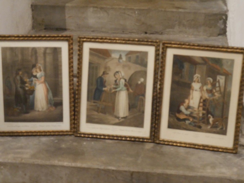 A set of eight matching framed coloured prints depicting traditional English street traders housed in gold gilt frames. View II