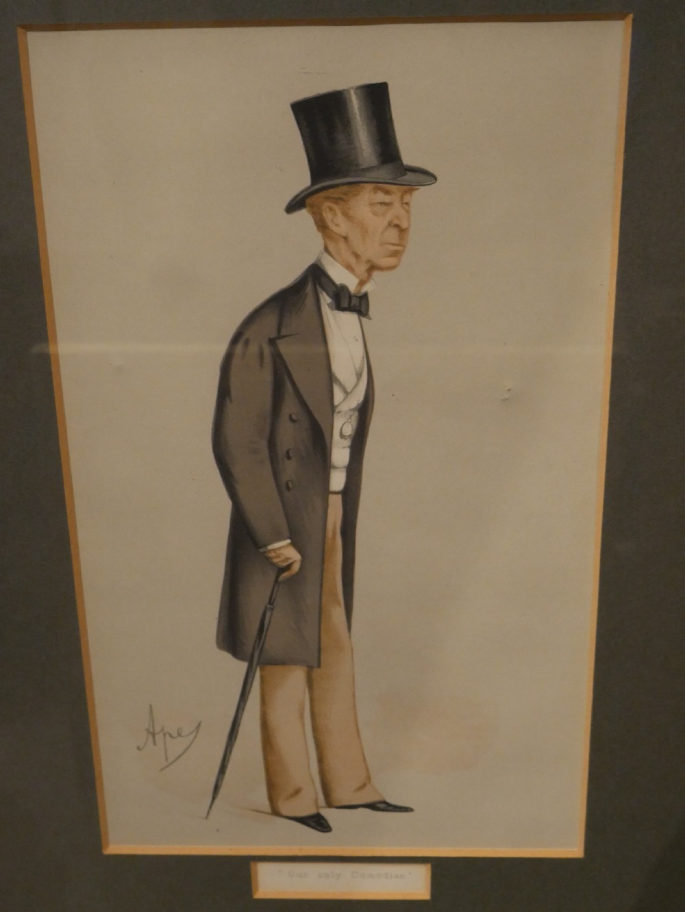 A collection of six framed antique Vanity Fair lithograph prints featuring caricatures of men in formal Victorian and Edwardian attire. View VI