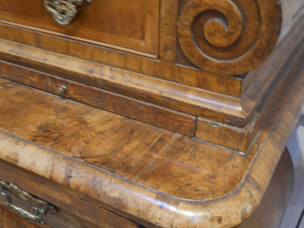 An 18th-century Dutch Rococo burr walnut cabinet featuring an arched moulded cornice, panelled doors, and a bombe three-drawer base with brass hardware. View XII